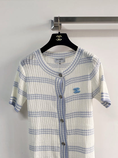 Chanel 2026 Short-sleeved Cardigan Blue White Wool Nylon 149490