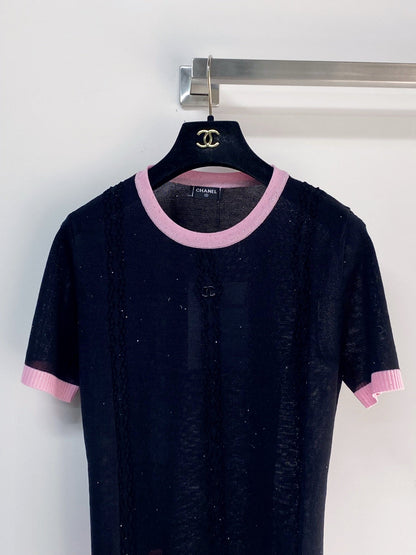 Chanel 2026 Short-sleeved T-shirt Pink Black Tencel 149474