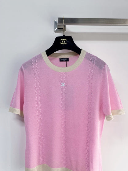 Chanel 2026 Short-sleeved T-shirt Pink Black Tencel 149474