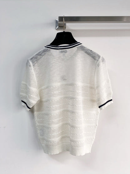 Chanel 2026 Short-sleeved Shirt Navy Blue White Tencel Cotton 166800
