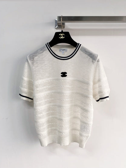Chanel 2026 Short-sleeved Shirt Navy Blue White Tencel Cotton 166800