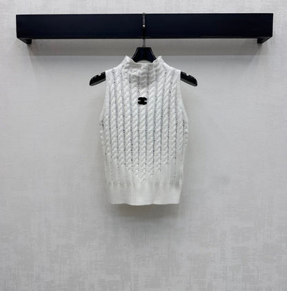 Chanel 2026 Rhinestone Stand Collar Knit Vest Wool Polyester 374938