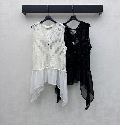 Dior 2026 Patchwork Hollow-Out Knitted Vest Black and White Wool 374931
