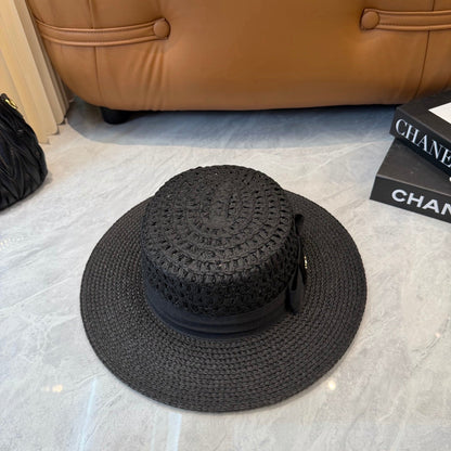 Chanel Straw Hat With Black Ribbon Accent 250043