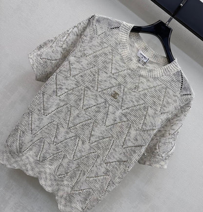 Chanel 2026 Wool Short-sleeved Knit Top With Metallic Logo 374878