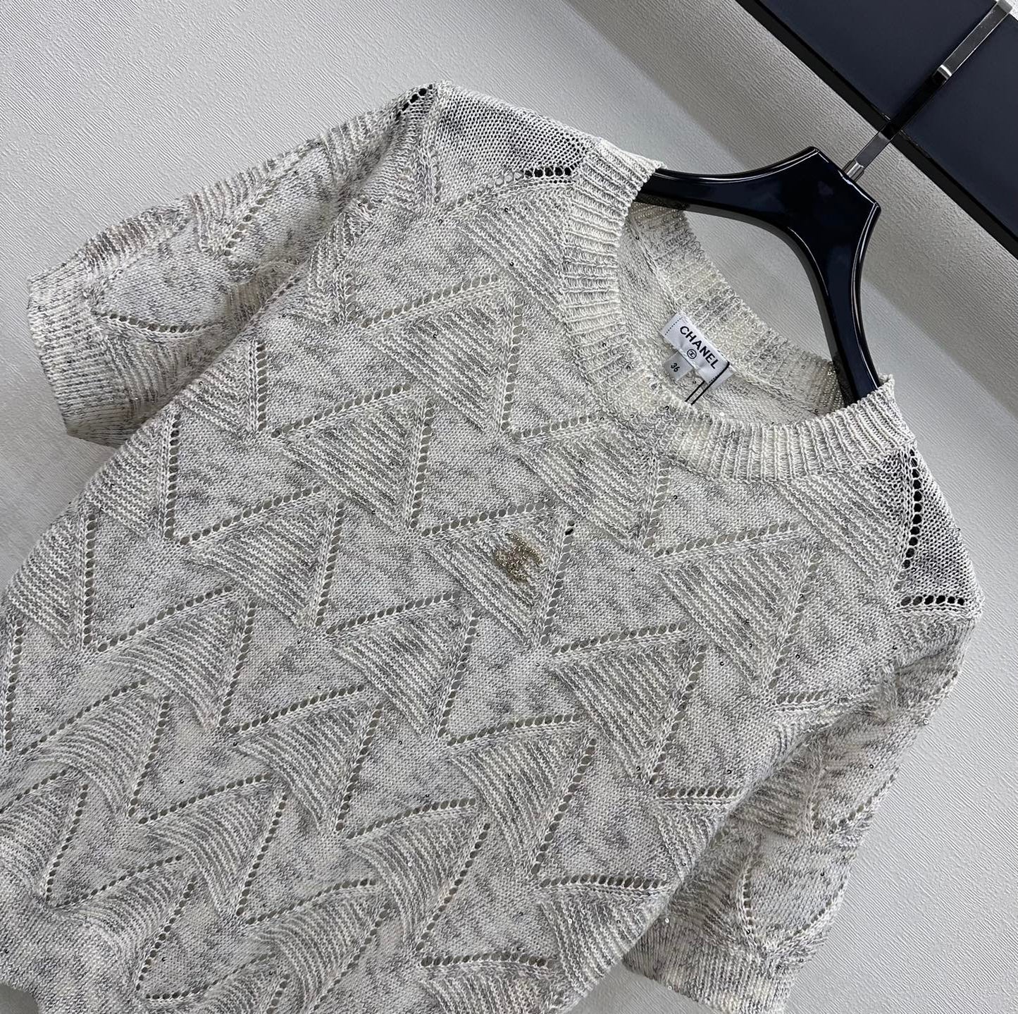 Chanel 2026 Wool Short-sleeved Knit Top With Metallic Logo 374878