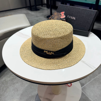 Prada Straw Woven Flat-top Hat 219138