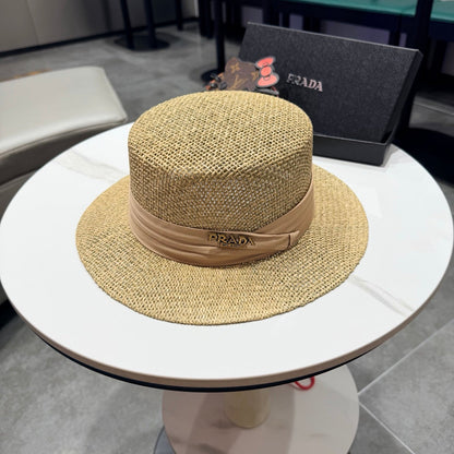 Prada Straw Woven Flat-top Hat 219138