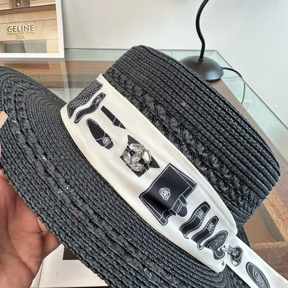 Chanel Flat-Top Straw Hat With Silk Ribbon 229106