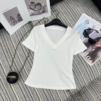 Chanel 2026 Collar Short-sleeved Top With Rhinestone Cotton 367862