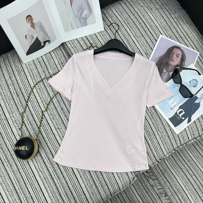 Chanel 2026 Collar Short-sleeved Top With Rhinestone Cotton 367862