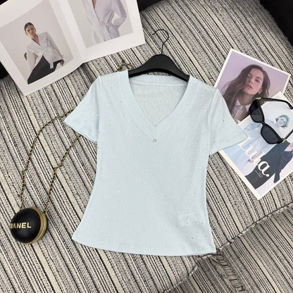 Chanel 2026 Collar Short-sleeved Top With Rhinestone Cotton 367862