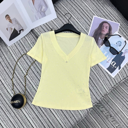 Chanel 2026 Collar Short-sleeved Top With Rhinestone Cotton 367862