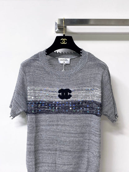 Chanel 2026 Short-sleeved Shirt Grey White Tencel Wool 295276