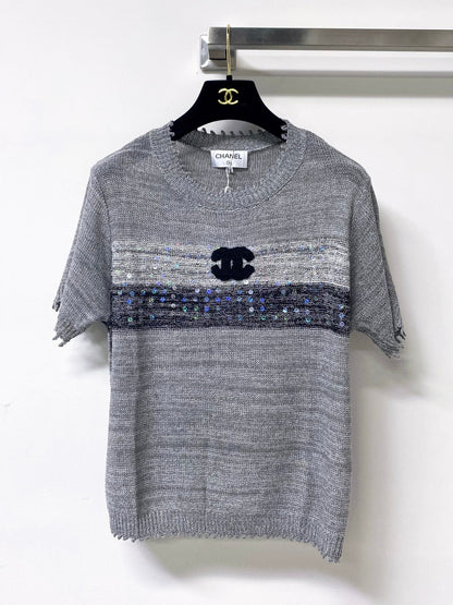 Chanel 2026 Short-sleeved Shirt Grey White Tencel Wool 295276