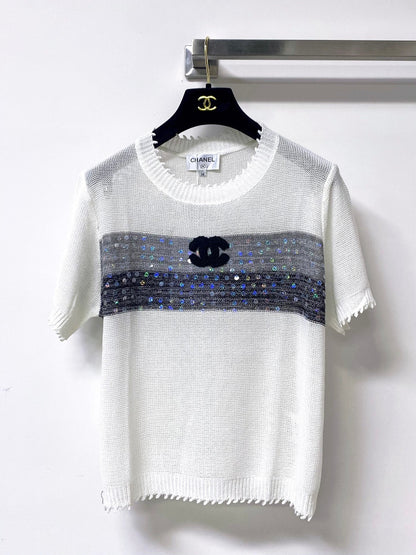 Chanel 2026 Short-sleeved Shirt Grey White Tencel Wool 295276