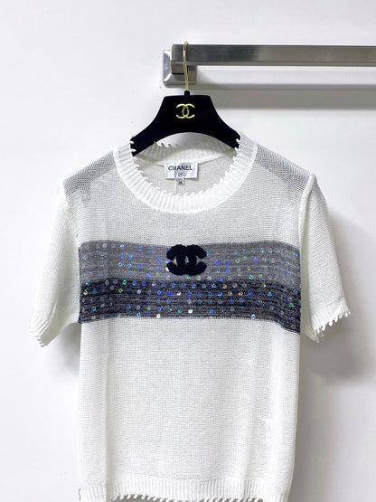 Chanel 2026 Short-sleeved Shirt Grey White Tencel Wool 295276