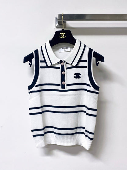 Chanel 2026 Striped Vest White and Black Tencel Wool 295249