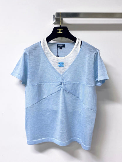 Chanel 2026 Short-sleeved Shirt Orange Blue Wool Cashmere 295246