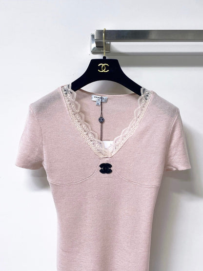 Chanel 2026 Lace V-neck Shirt Blue Pink Wool Cashmere 295236