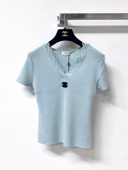 Chanel 2026 Lace V-neck Shirt Blue Pink Wool Cashmere 295236