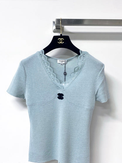 Chanel 2026 Lace V-neck Shirt Blue Pink Wool Cashmere 295236