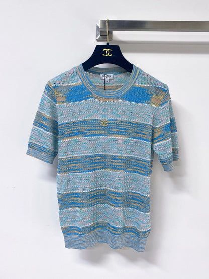 Chanel 2026 Striped Knit Short-Sleeve Sweater Wool 435128