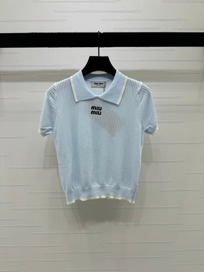 Miumiu 2026 Hollow-out Knitted Collared Short-sleeved Top Wool 385409