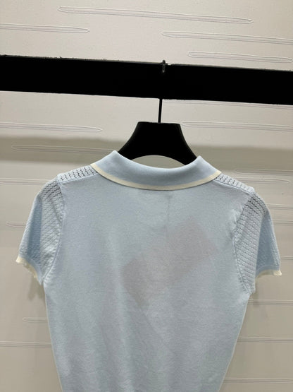Miumiu 2026 Hollow-out Knitted Collared Short-sleeved Top Wool 385409