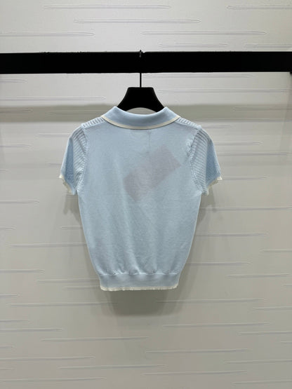 Miumiu 2026 Hollow-out Knitted Collared Short-sleeved Top Wool 385409