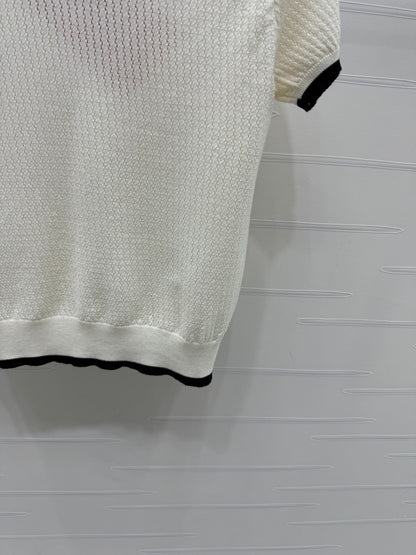 Miumiu 2026 Hollow-out Knitted Collared Short-sleeved Top Wool 385409