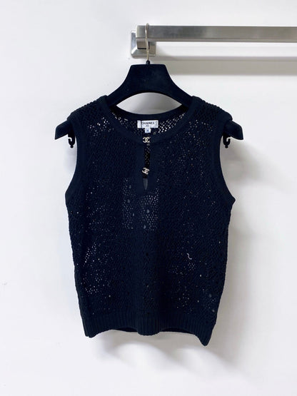 Chanel 2026 Sleeveless Crochet Knit Vest Logo Buttons 449832