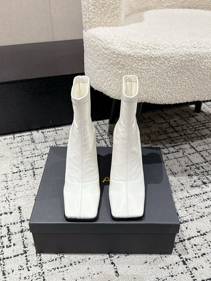 Alaia 2025 Square Toe High Heeled Ankle Boot White Calfskin 558667