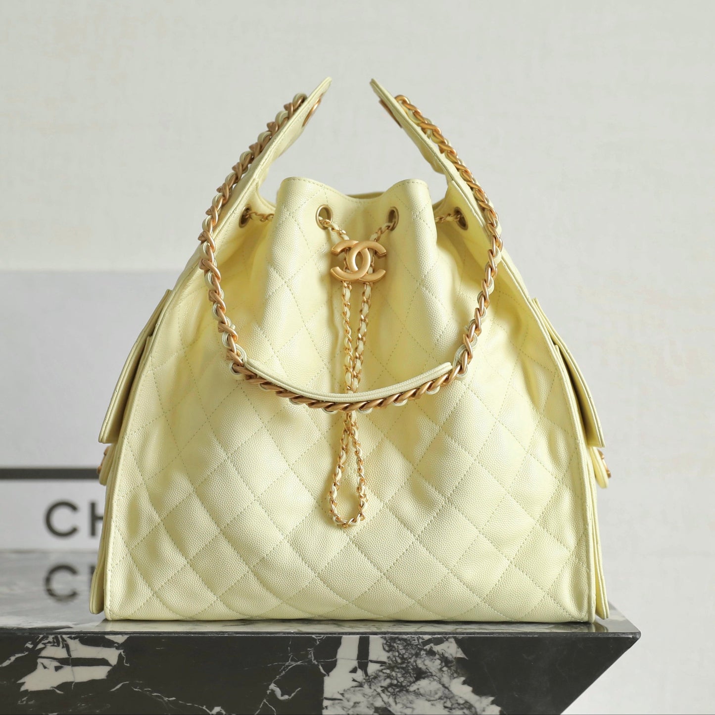 Chanel 2025 Hobo Bag Light Yellow Caviar Leather 344300