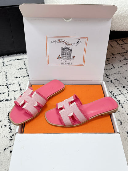 HM 26ss Oran Sandals Pink White Canvas Cowhide 617216