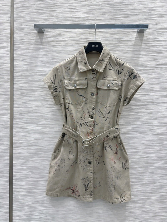 CD 25 Ink And Floral Dress Beige Cotton
