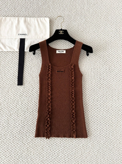 Miumiu 2026 Ruffled Knitted Vest Brown Cashmere and Silk Blend 380637