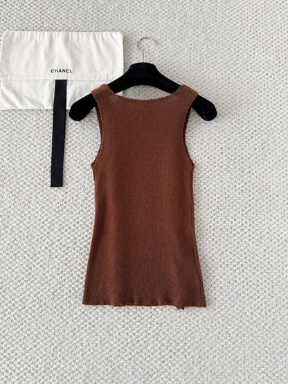 Miumiu 2026 Ruffled Knitted Vest Brown Cashmere and Silk Blend 380637