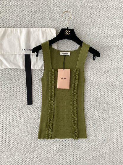 Miumiu 2026 Ruffled Knitted Vest Green Cashmere and Silk Blend 380635