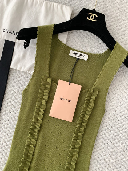 Miumiu 2026 Ruffled Knitted Vest Green Cashmere and Silk Blend 380635