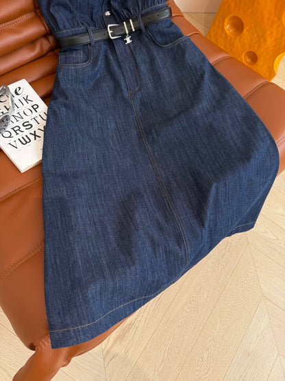 Celine 25 Arc de Triomphe Logo Embroidered Denim Dress Blue Cotton