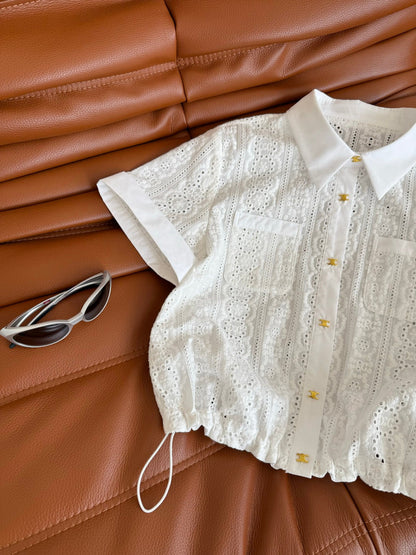 Celine 25 Hollow Wide Shoulder with Gold Metal Button White Cotton