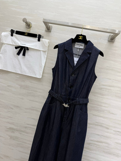 Chanel 2026 Clingy Sleeveless Denim Jumpsuit Blue Cotton 377394