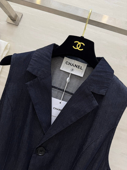 Chanel 2026 Clingy Sleeveless Denim Jumpsuit Blue Cotton 377394