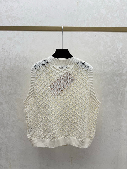Miumiu 2026 Round Neck Openwork Knit Vest Cream and Purple Viscose Nylon