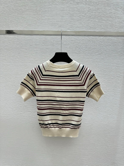Chanel 2026 Short-sleeve Sweater Cream and Navy Blue Wool Polyester