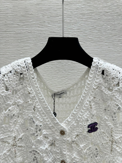 Chanel 2026 Hollow-out V-neck Knitted Vest Cardigan White Khaki Cotton