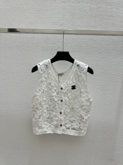 Chanel 2026 Hollow-out V-neck Knitted Vest Cardigan White Khaki Cotton