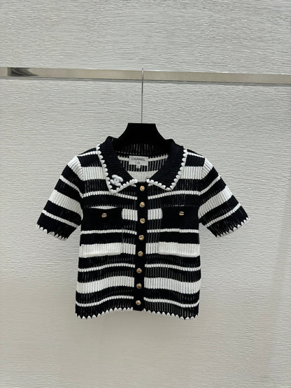 Chanel 2026 Striped Collared Knitted Short-Sleeve Cardigan 170591