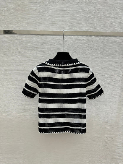 Chanel 2026 Striped Collared Knitted Short-Sleeve Cardigan 170591